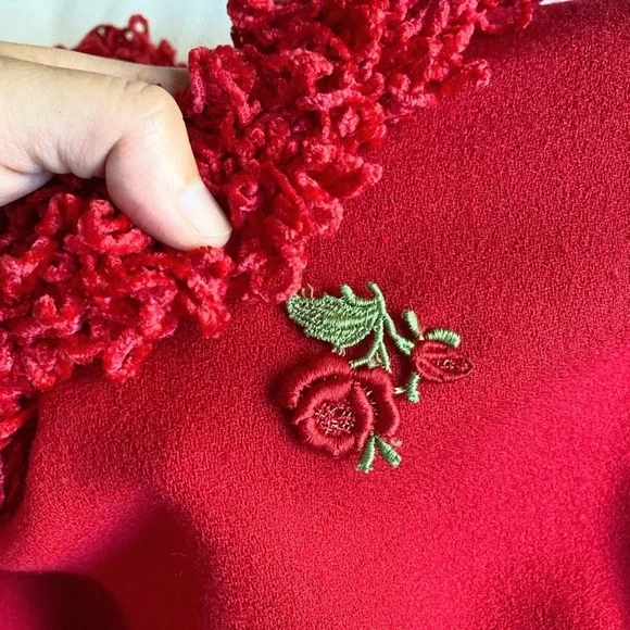 Vintage 1980s 1990s Geoffrey Beene Red Dress w Chenile fringe collar sleeve hems - Picture 8 of 10